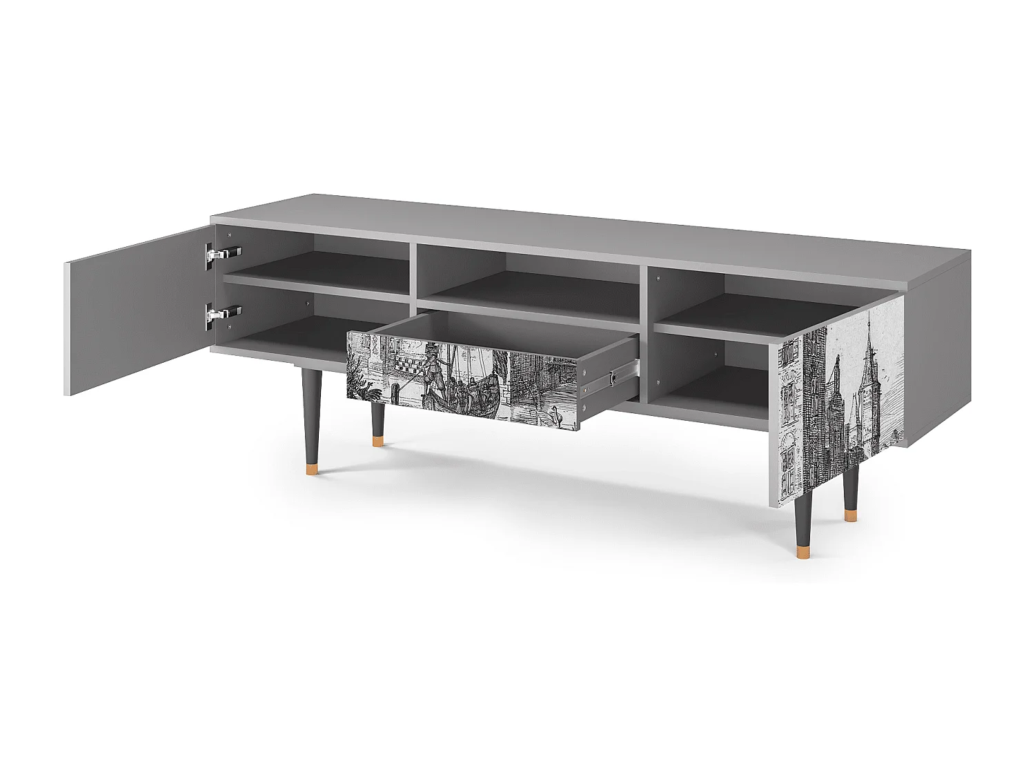 Mueble de TV - 170х59х41 cm - T6 - Castle with Bridge, Cinza