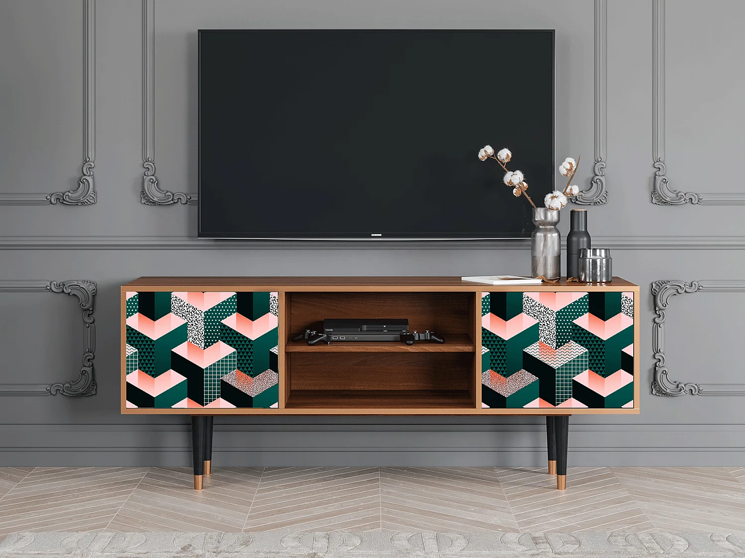 Meuble TV - 170х69х48 cm - T2 - Geometric Madness, Noyer
