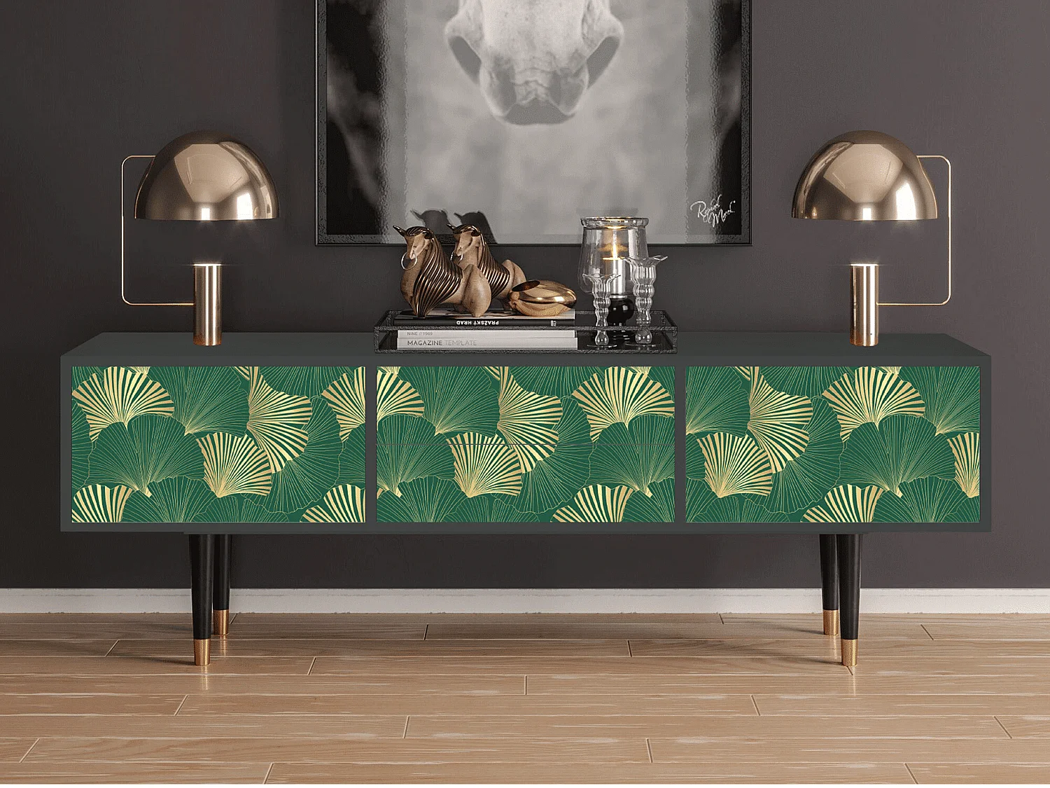 Szafka RTV - 170х59х48 cm - T4 - Gold Ginkgo, Antracyt