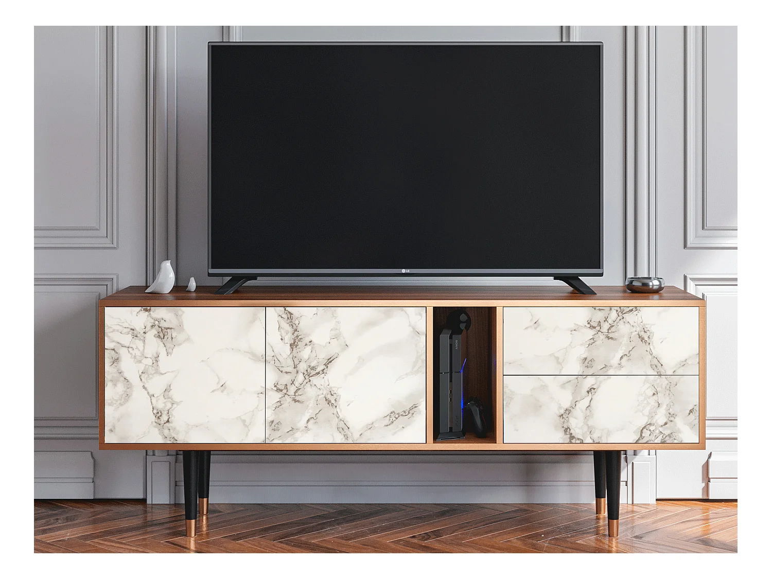 Meuble TV - 170х69х48 cm - T1 - Milk Marble, Noyer