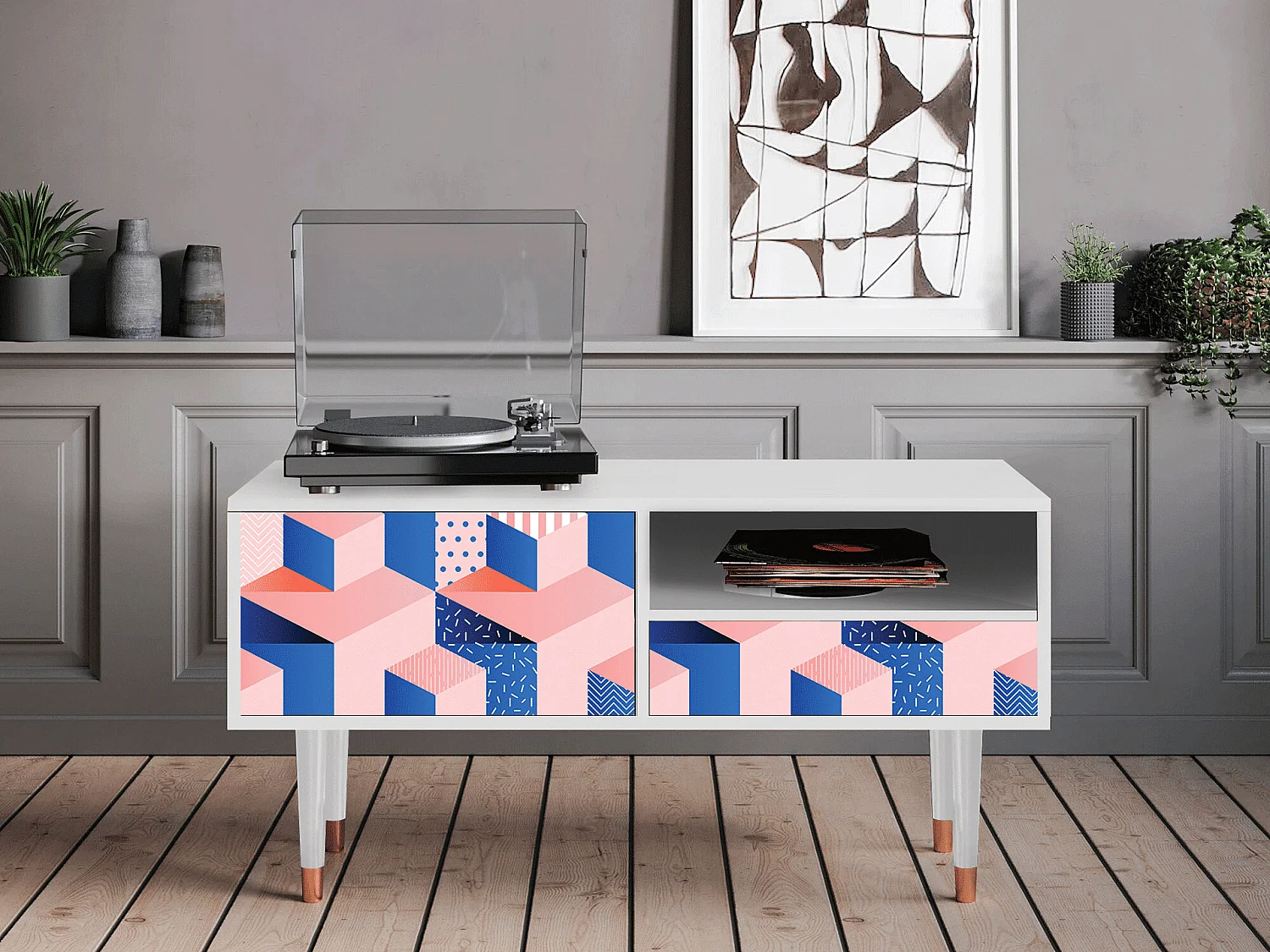 Meuble TV - 115х59х48 cm - T3 - Pinky Squares, Blanc