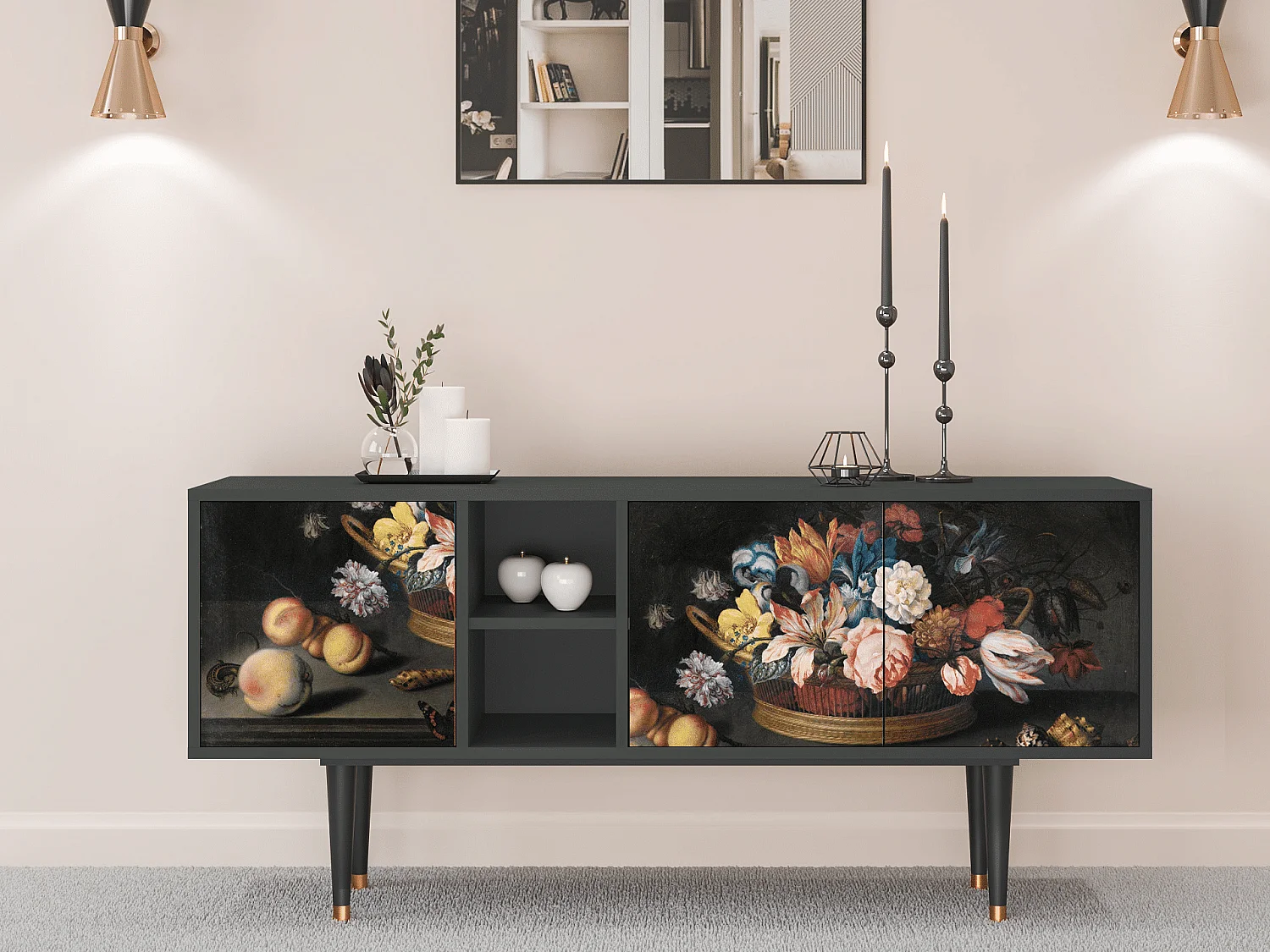 Szafka RTV - 150х69х41 cm - T5 - Still Life with Flowers, Antracyt