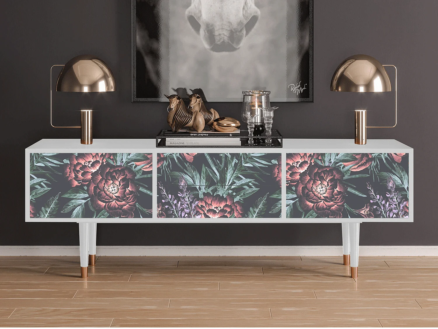 Szafka RTV - 170х59х48 cm - T4 - Dark Peonies, Biały