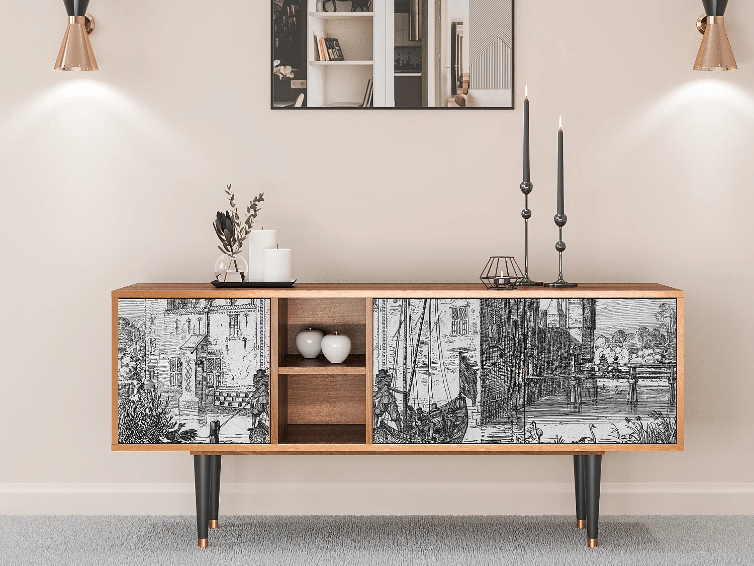 Mueble de TV - 150х69х41 cm - T5 - Castle with Bridge, Nogueira