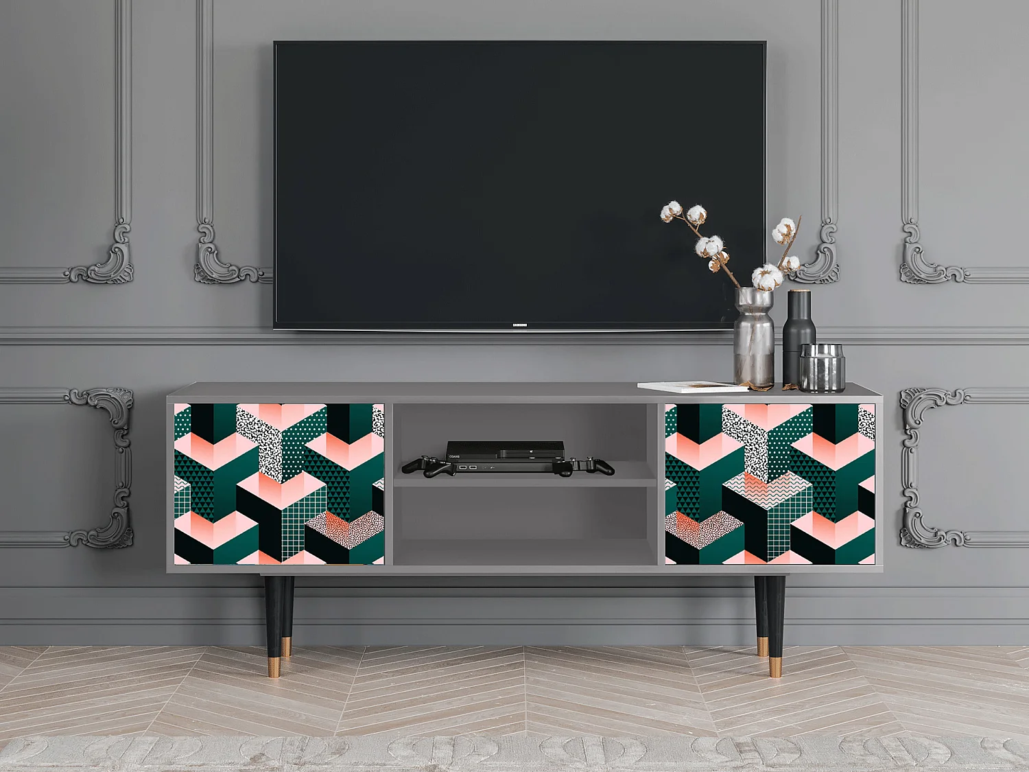 Meuble TV - 170х69х48 cm - T2 - Geometric Madness, Gris