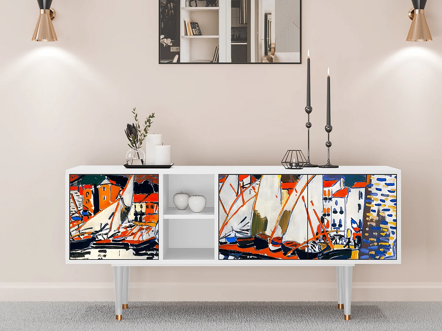 Szafka RTV - 150х69х41 cm - T5 - Le Séchage des voiles , Biały