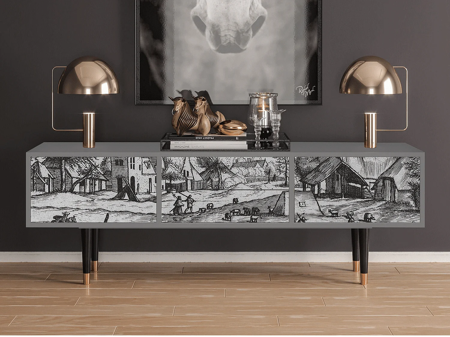 Szafka RTV - 170х59х48 cm - T4 - Country Village, Szary