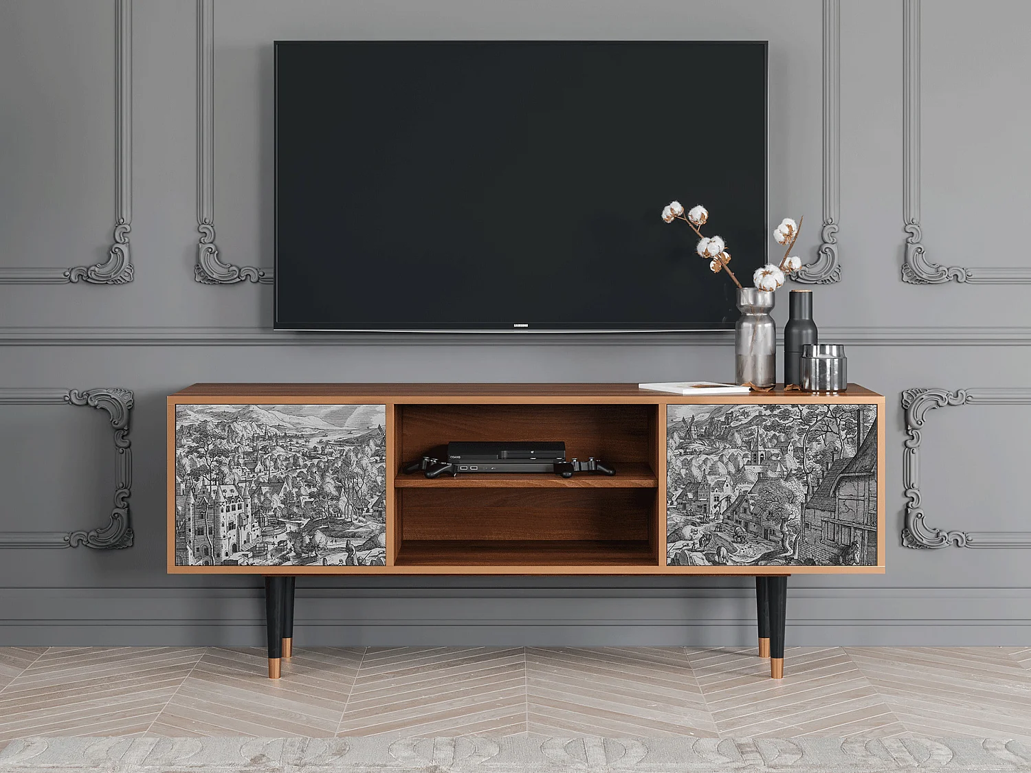 Mobile TV - 170х69х48 cm - T2 - Bird Dropping, Noce