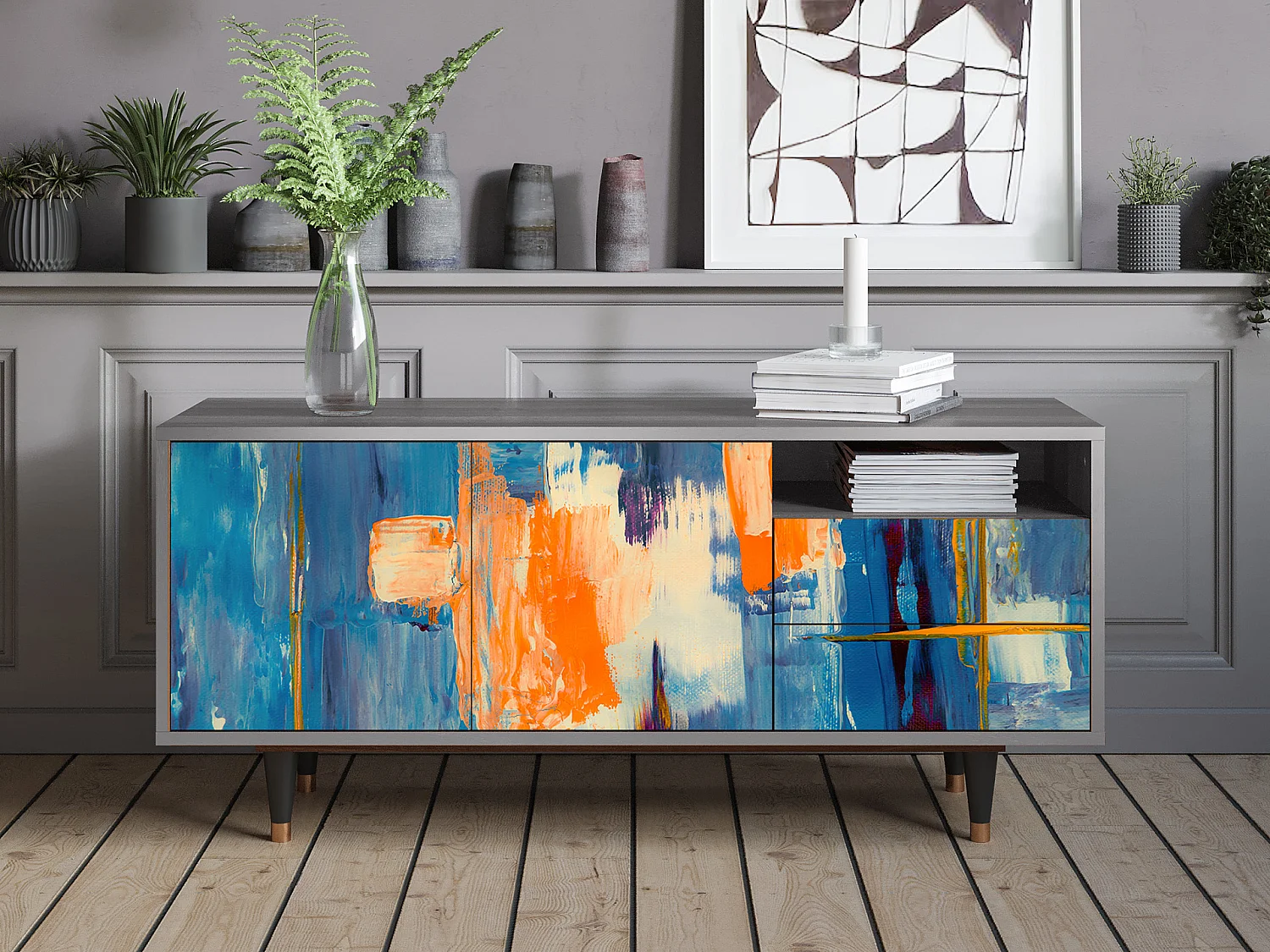 Mueble de TV - 125х56х41 cm - T7 - Abstract Expressionism, Cinza
