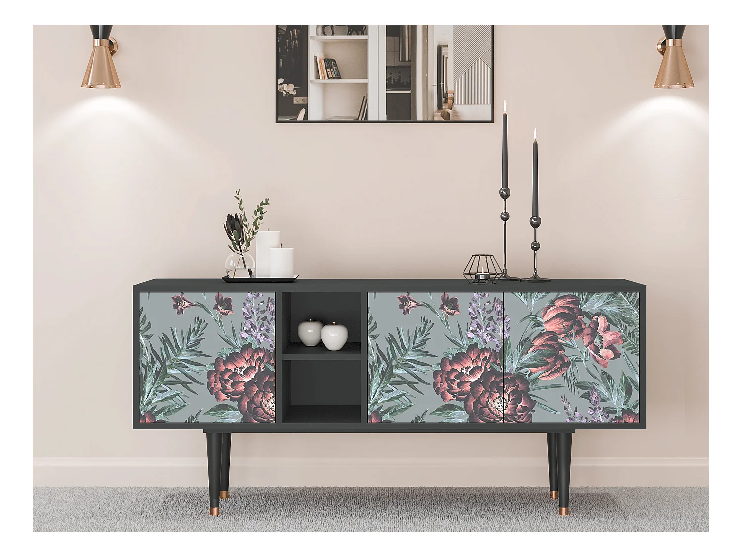 TV-Möbel - 150х69х41 cm - T5 - Light Peonies, Anthrazit