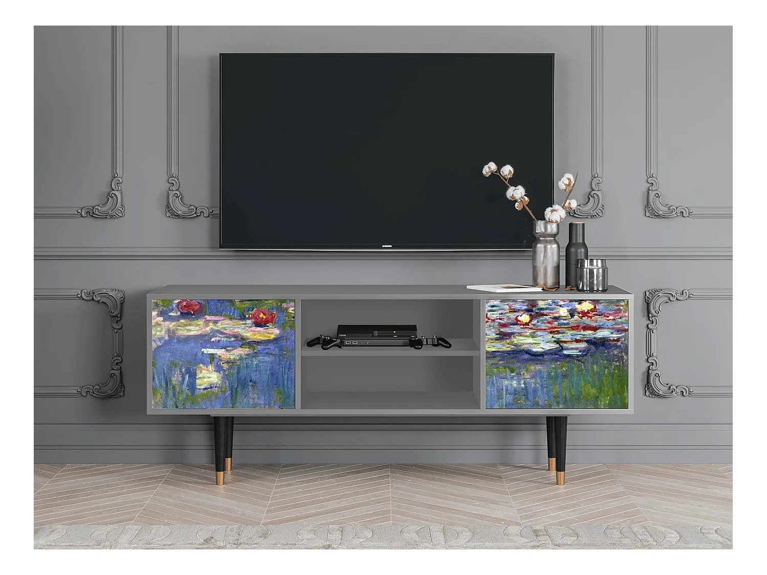 Szafka RTV - 170х69х48 cm - T2 - The water lily pond  , Szary