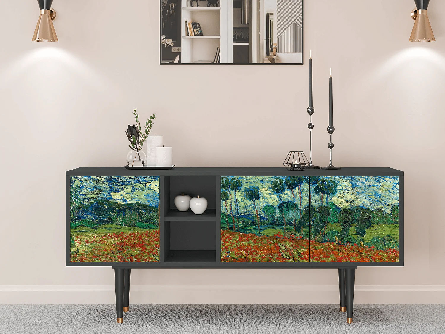 Mueble de TV - 150х69х41 cm - T5 - Poppy field by van Gogh, Antracite