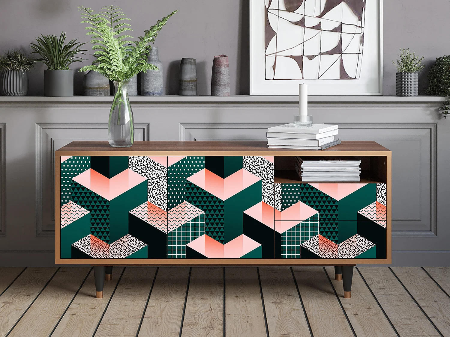 Meuble TV - 125х56х41 cm - T7 - Geometric Madness, Noyer