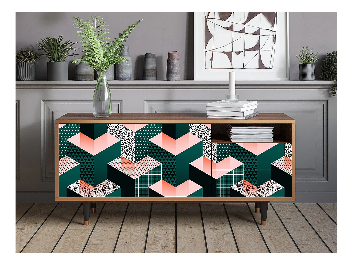 Meuble TV - 125х56х41 cm - T7 - Geometric Madness, Noyer