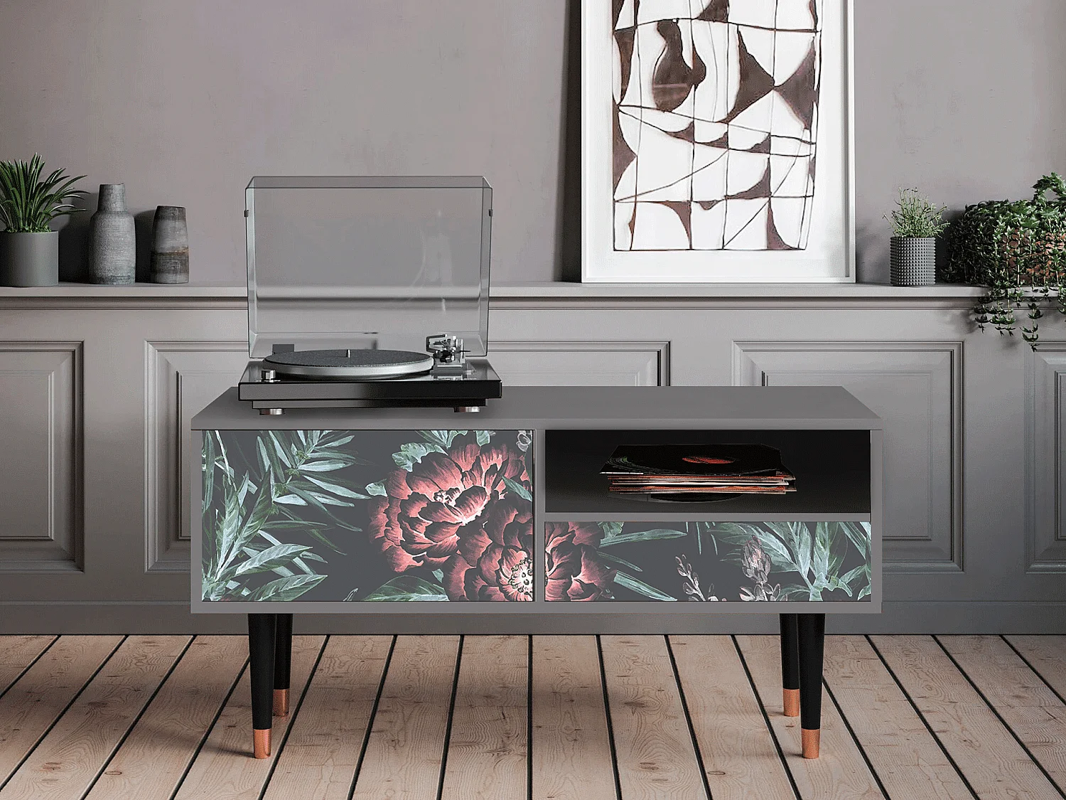 Meuble TV - 115х59х48 cm - T3 - Dark Peonies, Gris