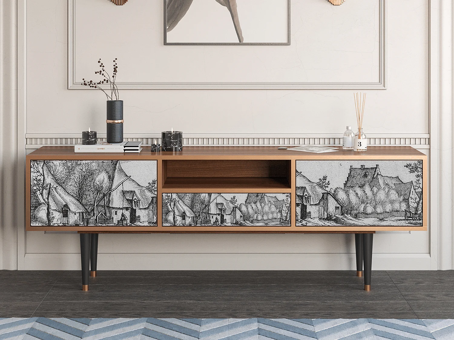 Meuble TV - 170х59х41 cm - T6 - Farms in a Village, Noyer