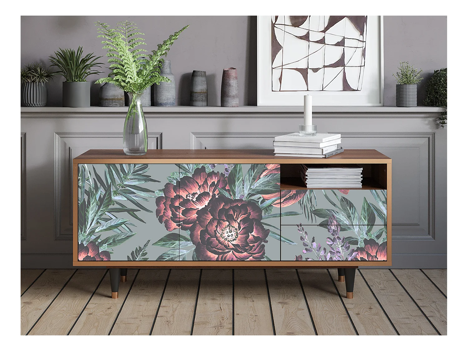 Mueble de TV - 125х56х41 cm - T7 - Light Peonies, Nogal