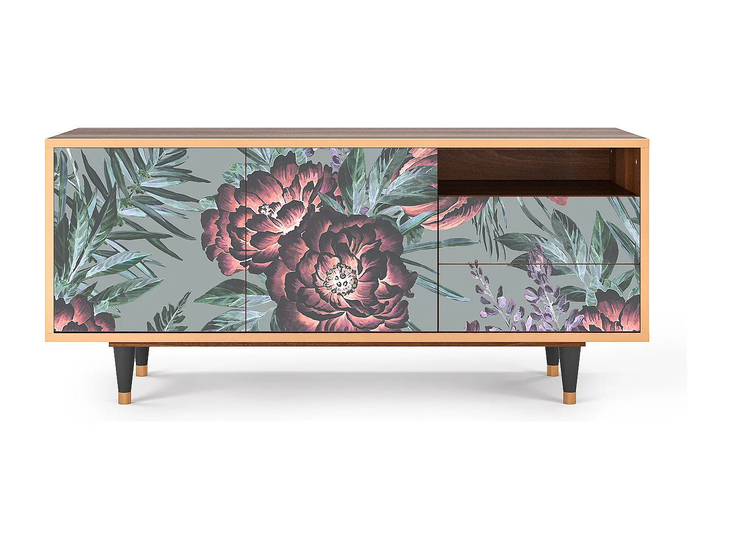Mueble de TV - 125х56х41 cm - T7 - Light Peonies, Nogal