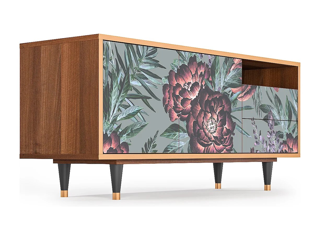 Mueble de TV - 125х56х41 cm - T7 - Light Peonies, Nogal