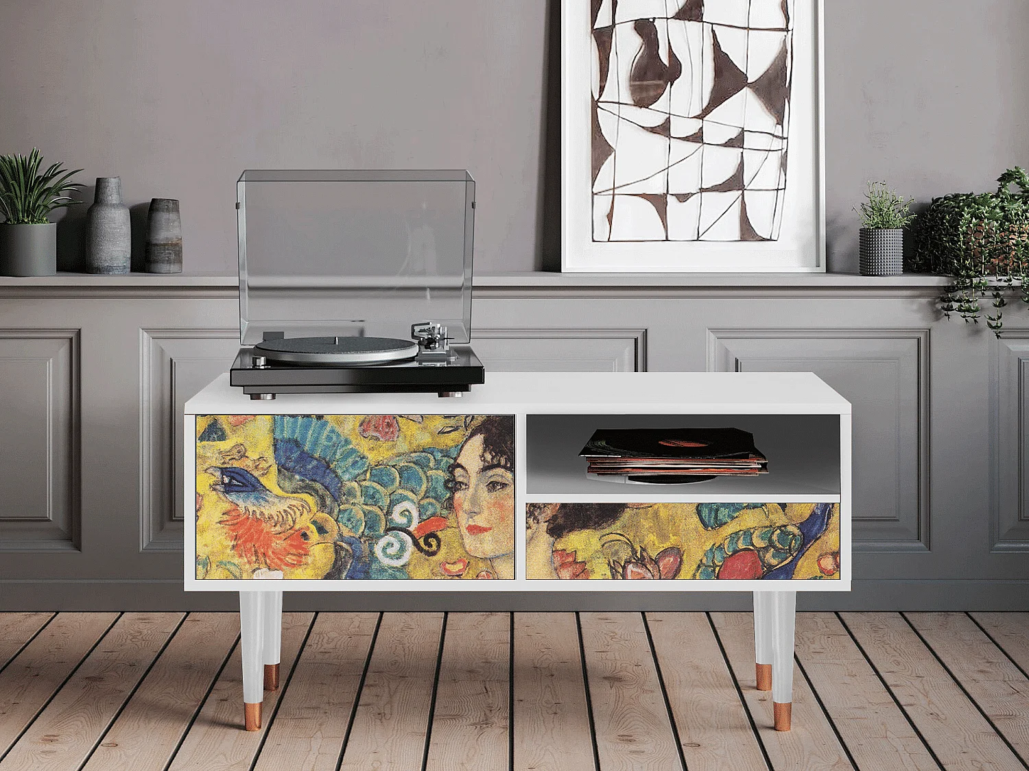 Szafka RTV - 115х59х48 cm - T3 - Lady with Fan by Klimt, Biały