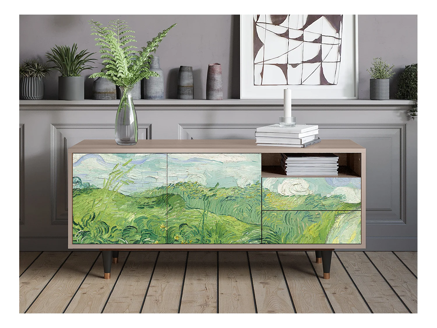 Szafka RTV - 125х56х41 cm - T7 - Green Wheat Fields, Latte