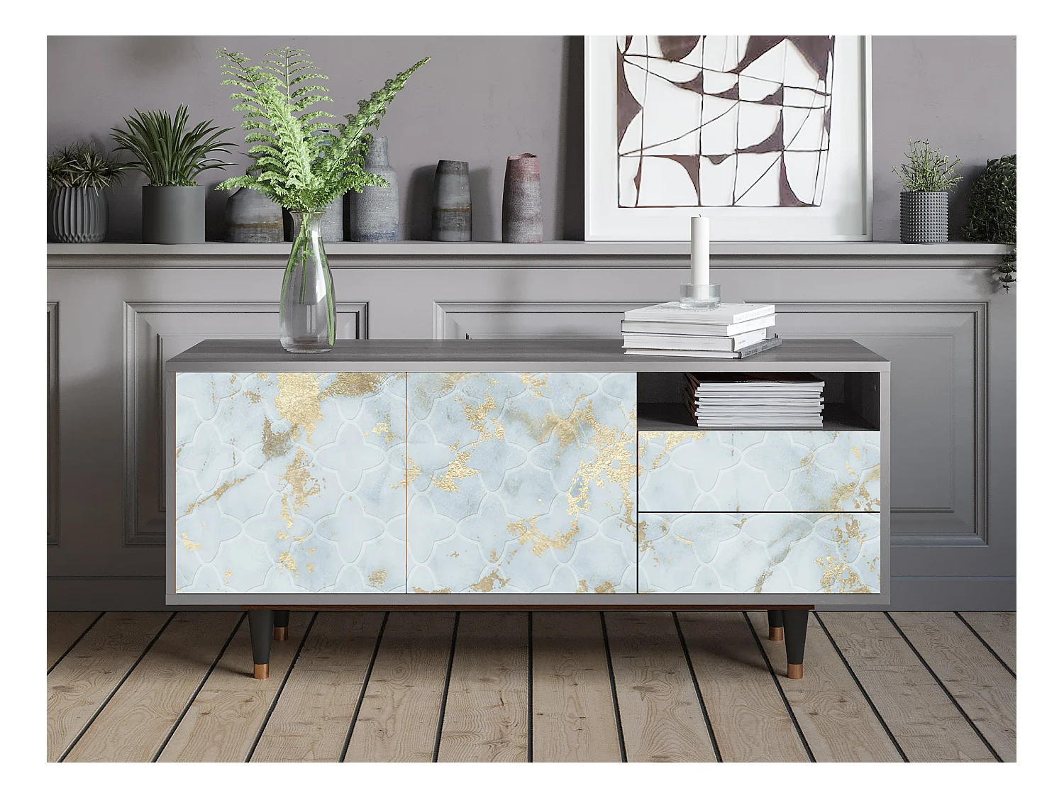 Meuble TV - 125х56х41 cm - T7 - Golden Waves, Gris