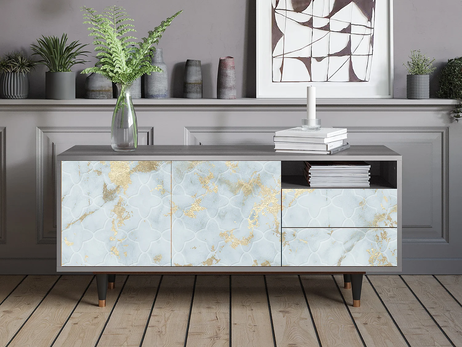 Meuble TV - 125х56х41 cm - T7 - Golden Waves, Gris