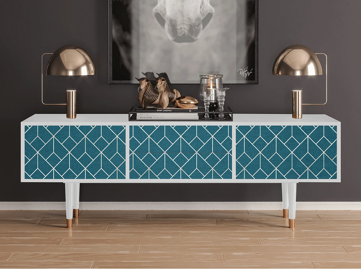 Mueble de TV - 170х59х48 cm - T4 - Turquoise Geometry, Blanco