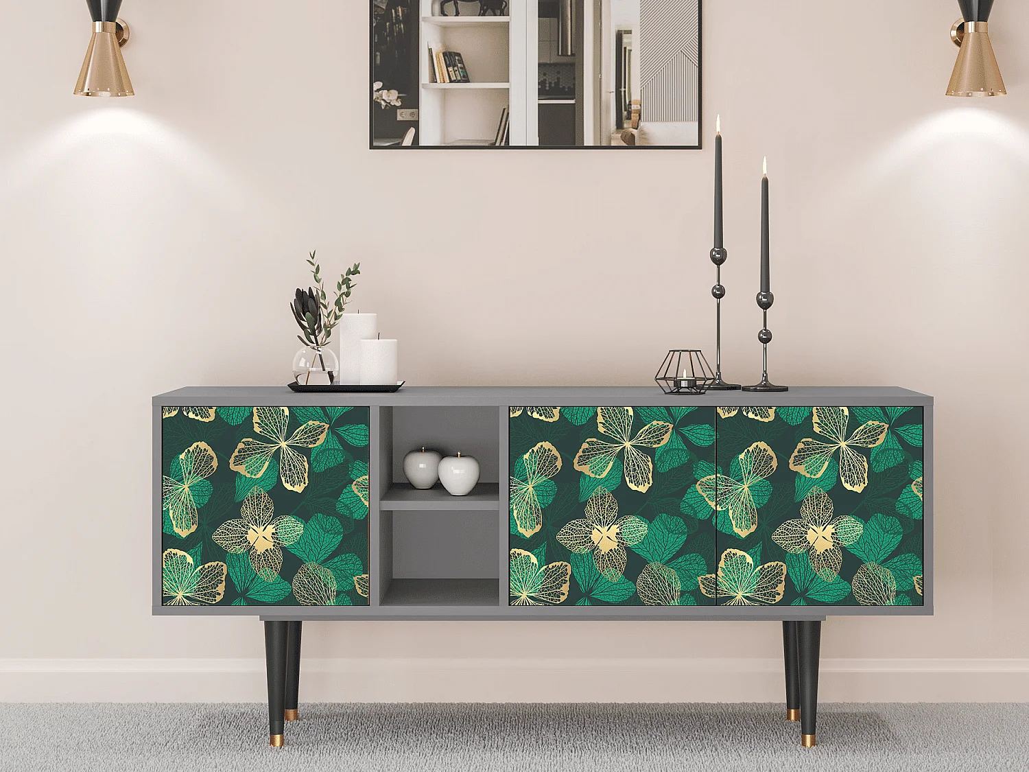 Mueble de TV - 150х69х41 cm - T5 - Green Flower, Gris