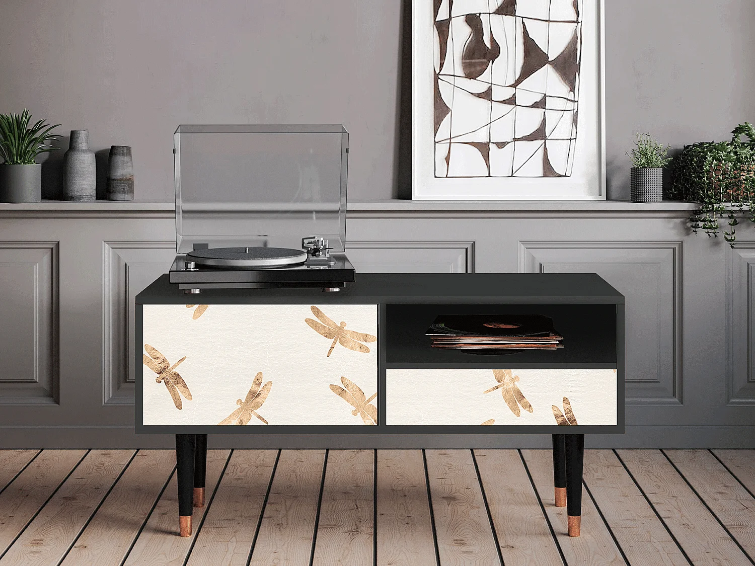 Szafka RTV - 115х59х48 cm - T3 - Nude Dragonflies, Antracyt