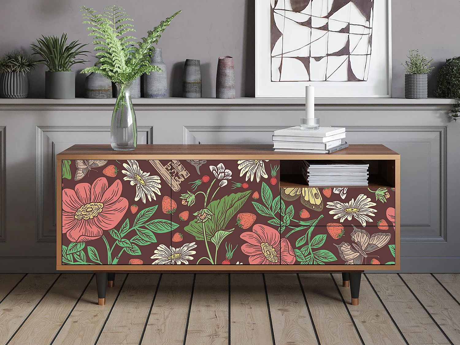 Mueble de TV - 125х56х41 cm - T7 - Alice in Wonderland, Nogueira