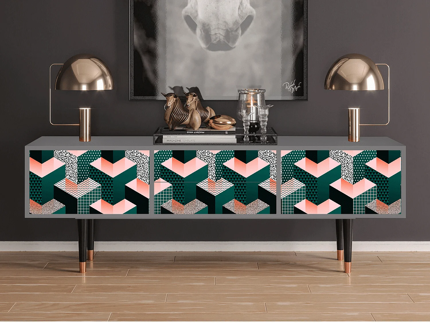 Szafka RTV - 170х59х48 cm - T4 - Geometric Madness, Szary