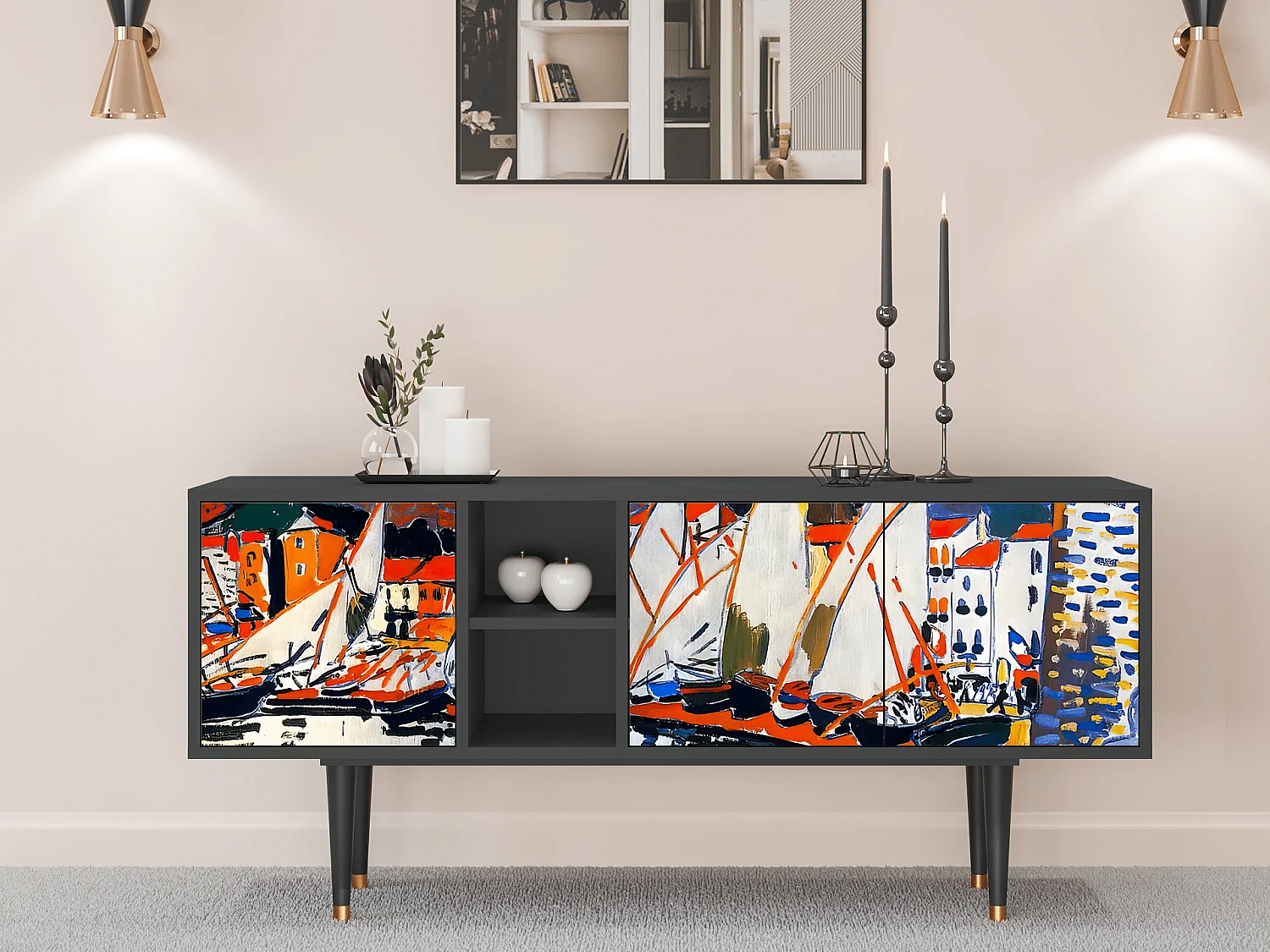 Meuble TV - 150х69х41 cm - T5 - Le Séchage des voiles , Anthracite