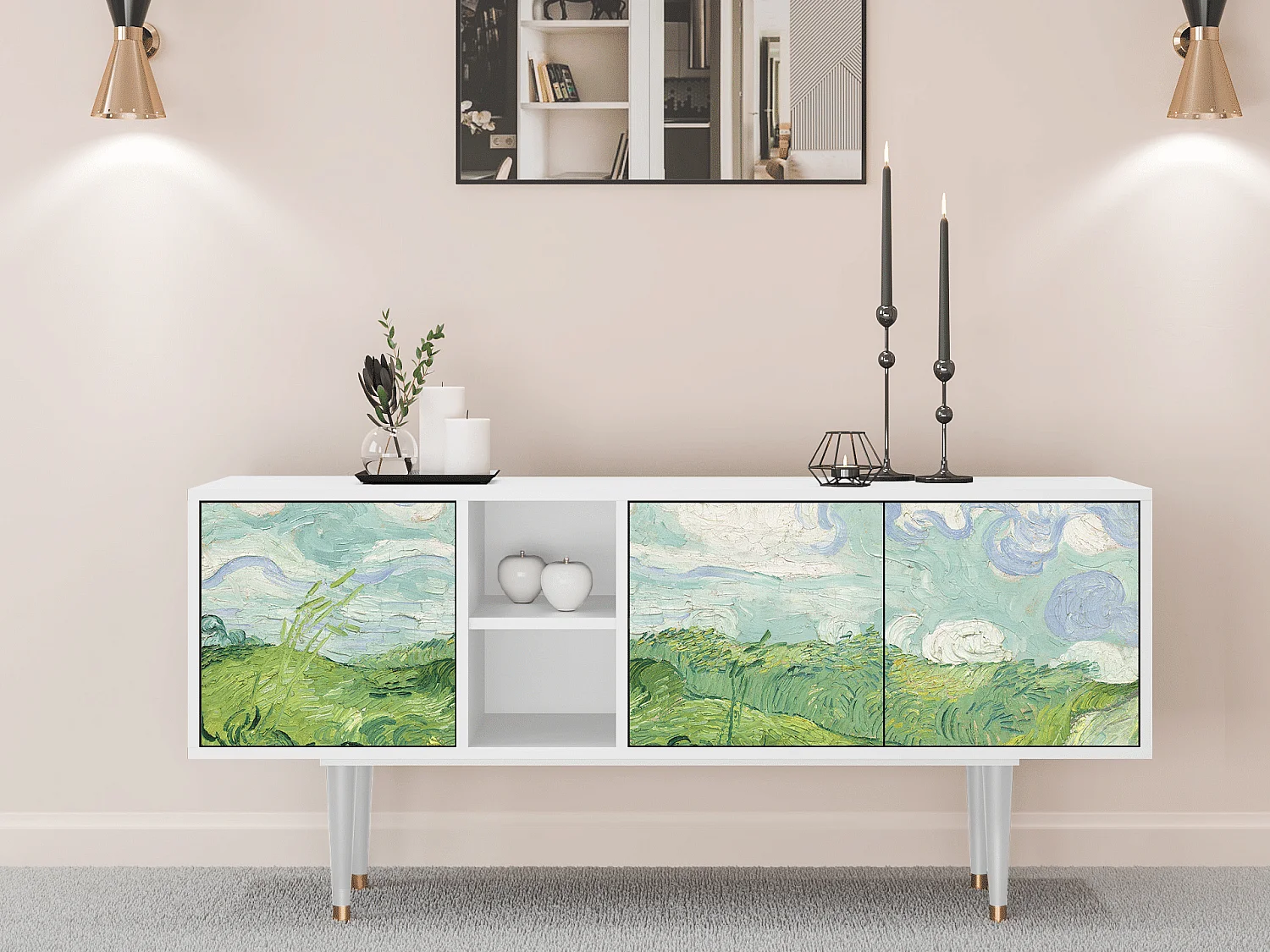 Meuble TV - 150х69х41 cm - T5 - Green Wheat Fields, Blanc