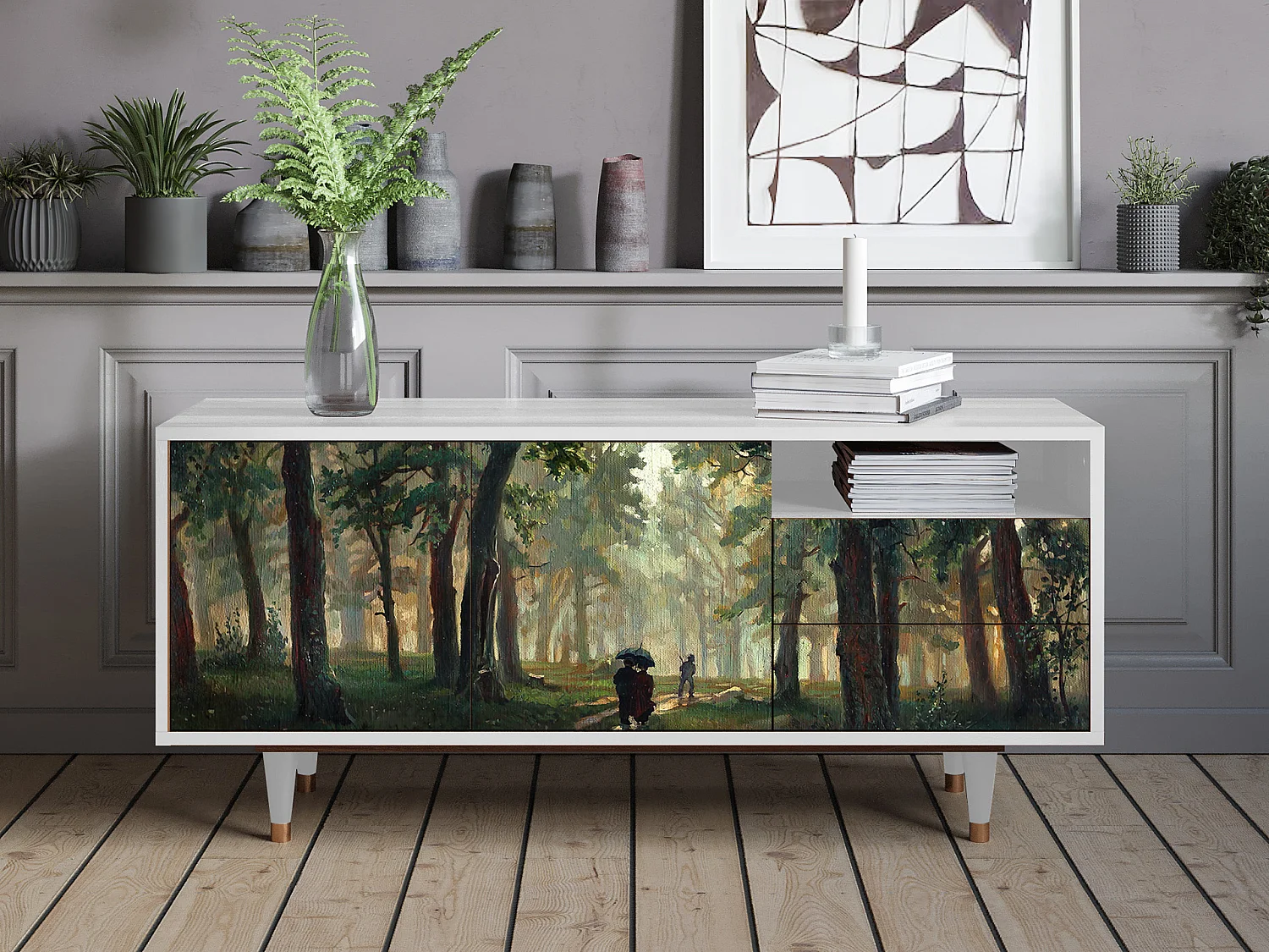 TV-Möbel - 125х56х41 cm - T7 -  Rain in the Oak Forest, Weiß