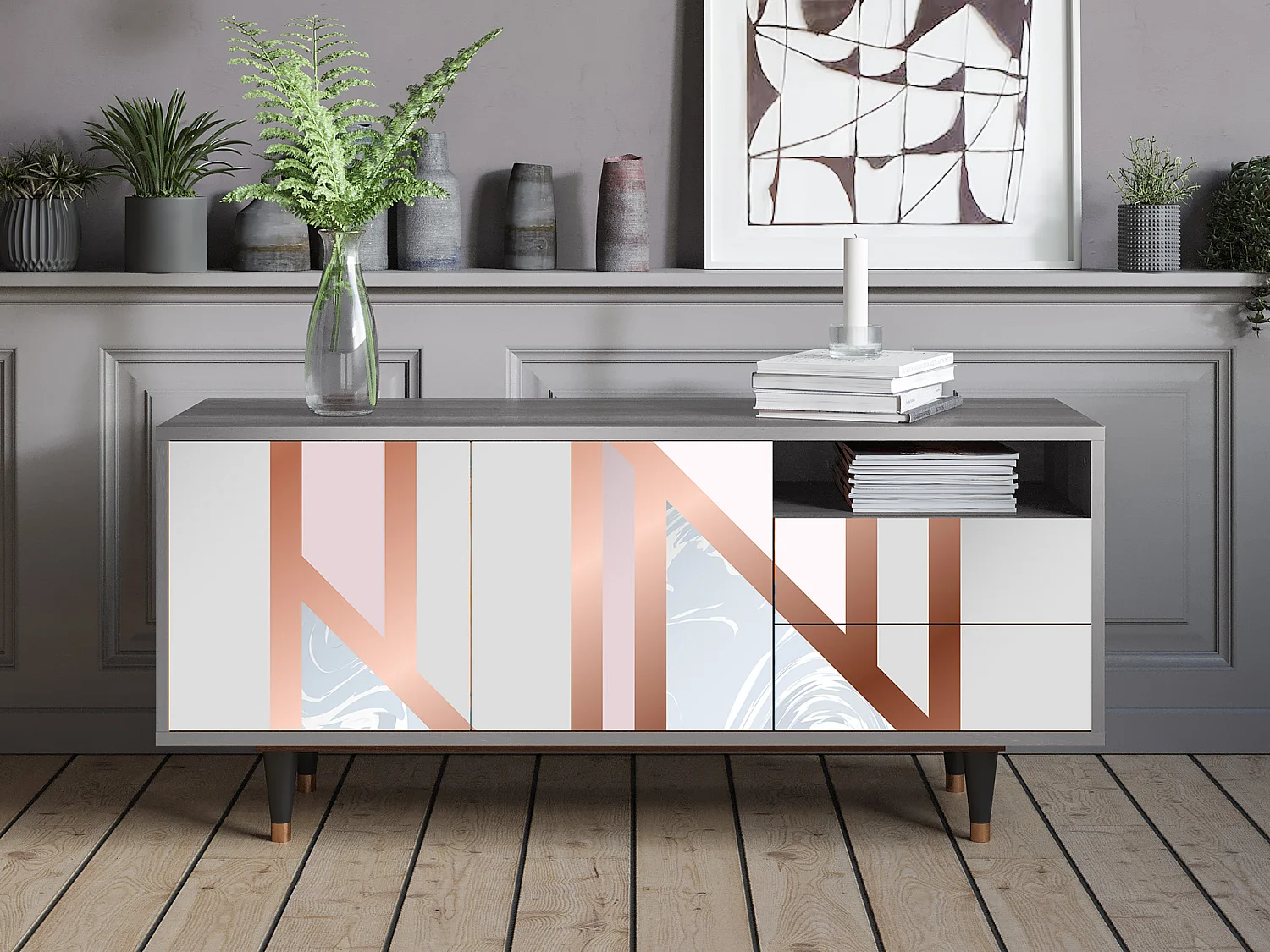 Meuble TV - 125х56х41 cm - T7 - Champagne Story, Gris