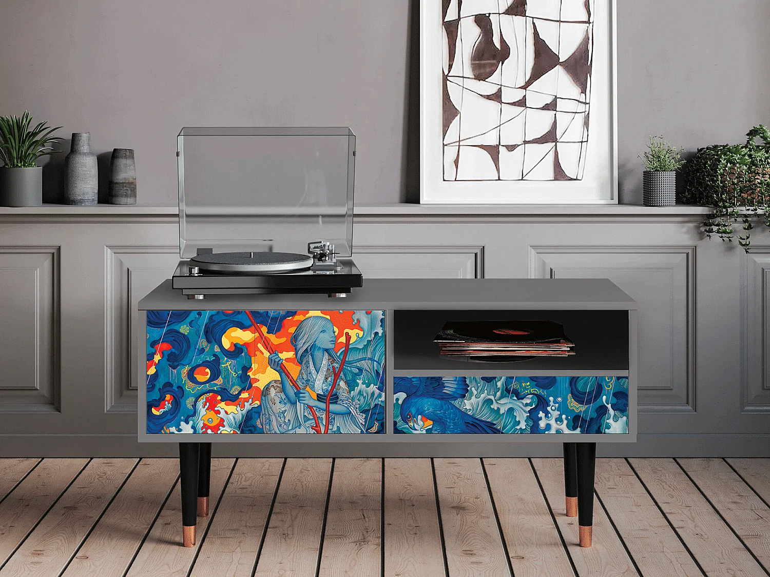 Meuble TV - 115х59х48 cm - T3 - The Girl - James Jean, Gris