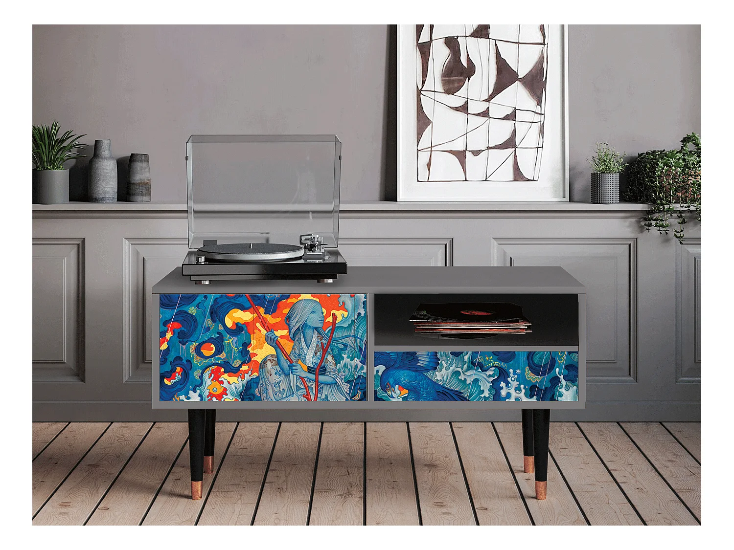 Meuble TV - 115х59х48 cm - T3 - The Girl - James Jean, Gris