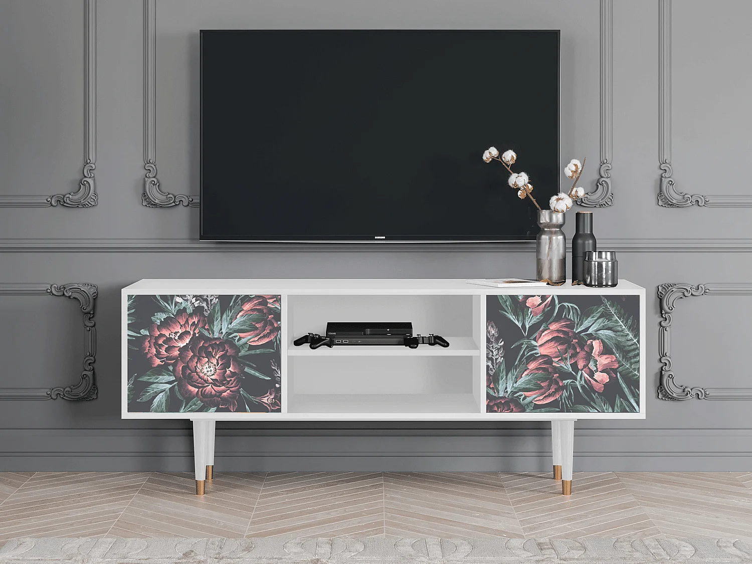 Mueble de TV - 170х69х48 cm - T2 - Dark Peonies, Branco