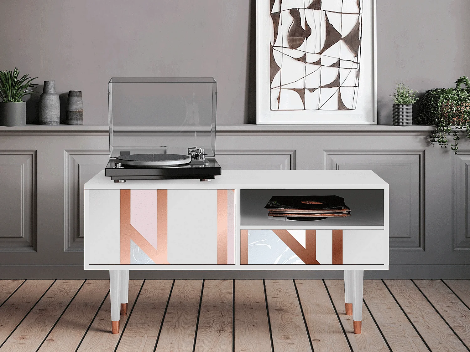 Meuble TV - 115х59х48 cm - T3 - Champagne Story, Blanc