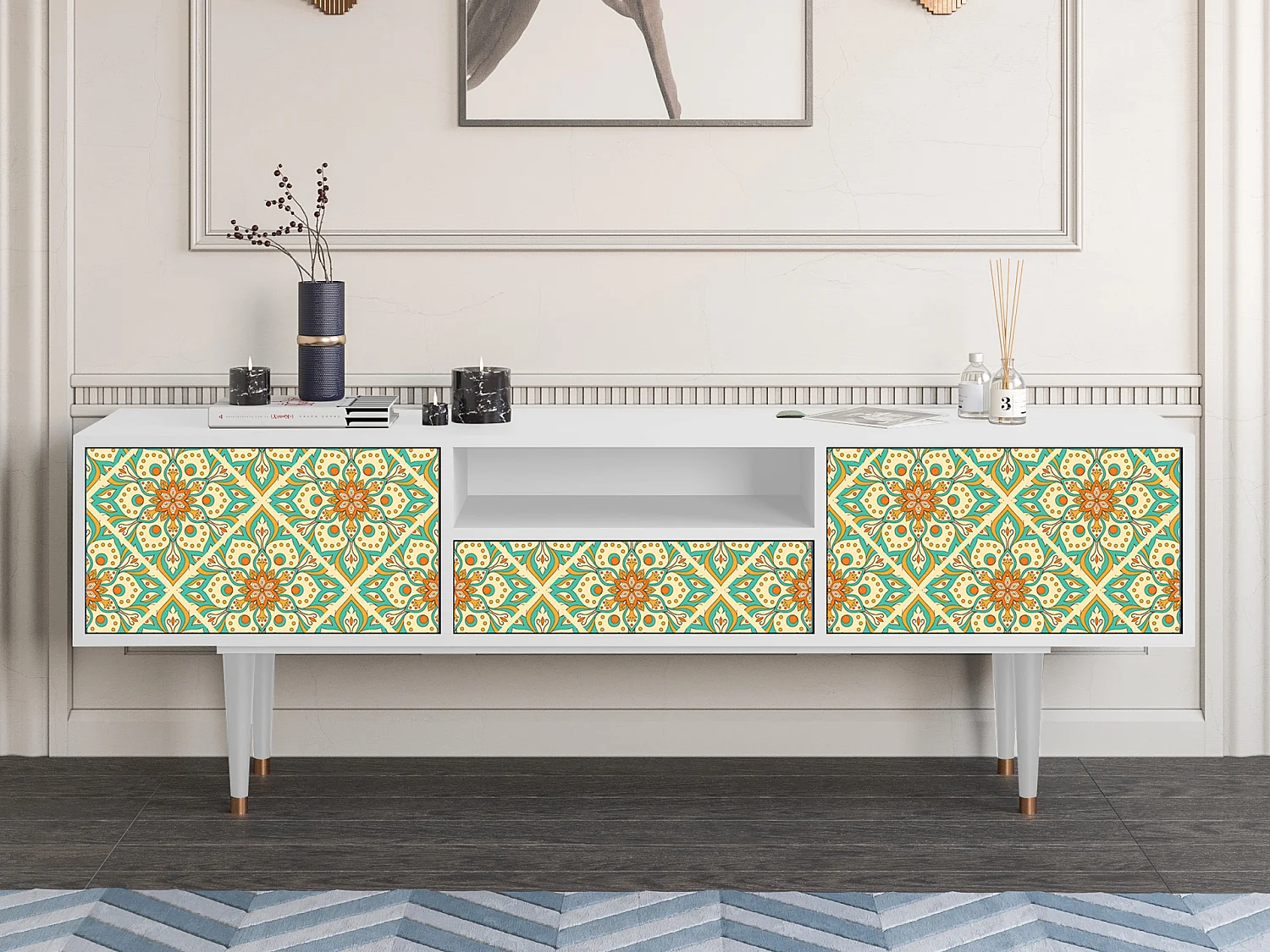 Meuble TV - 170х59х41 cm - T6 - Hindu Daisy, Blanc