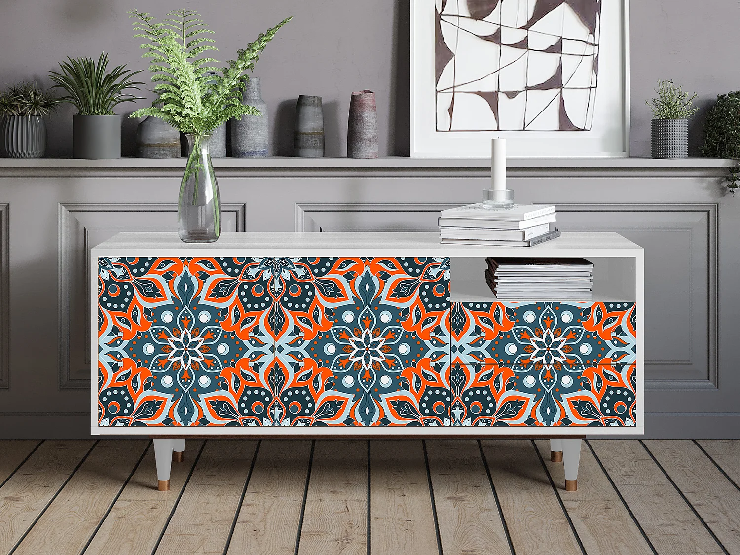 Mueble de TV - 125х56х41 cm - T7 - Fire Beetle, Blanco