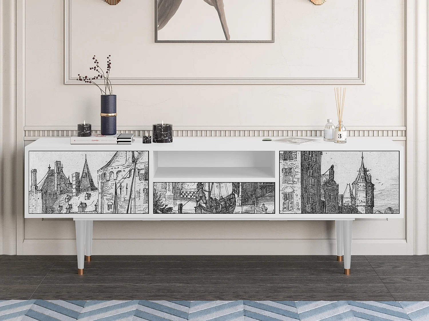 Meuble TV - 170х59х41 cm - T6 - Castle with Bridge, Blanc