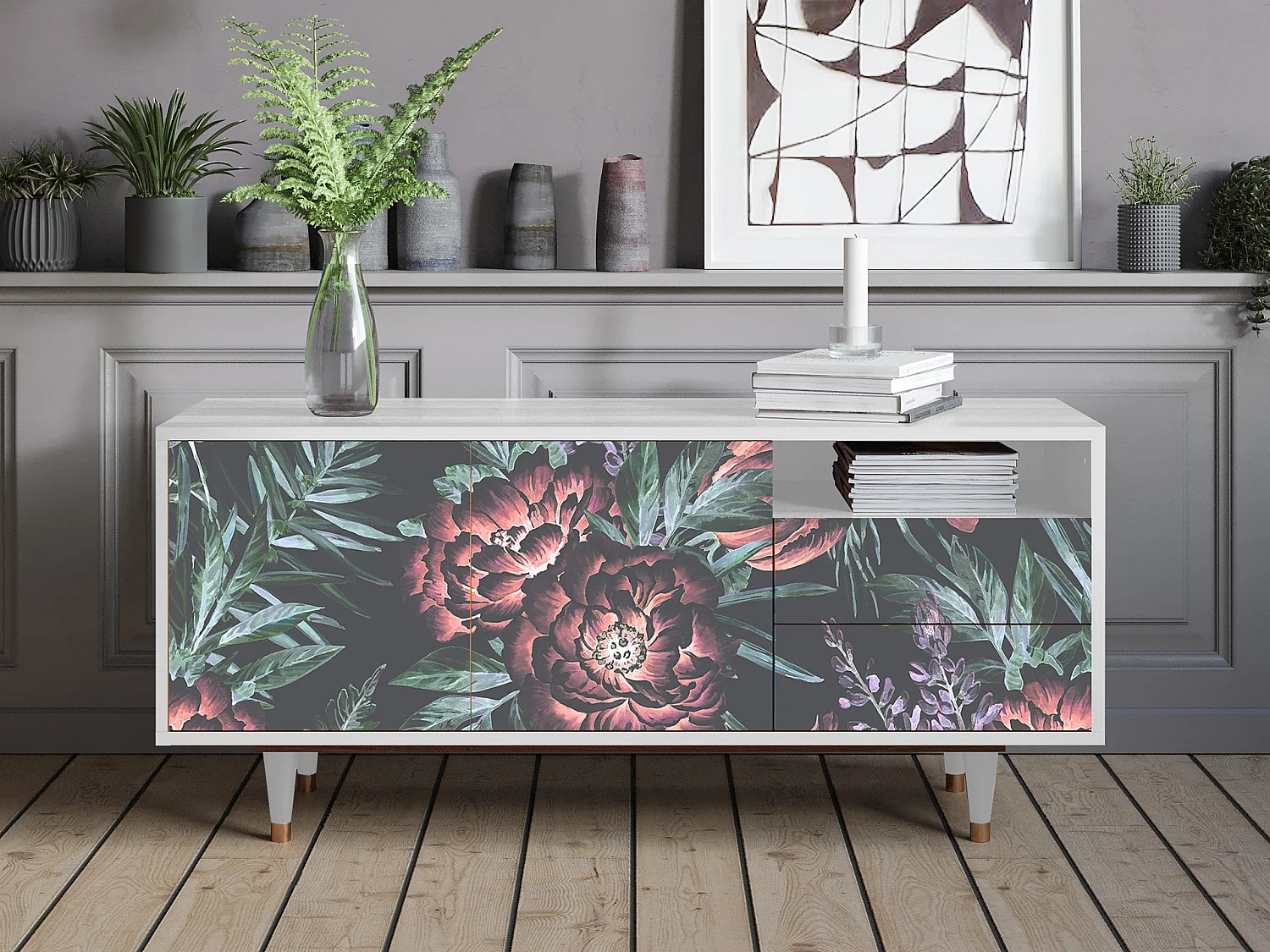 Mobile TV - 125х56х41 cm - T7 - Dark Peonies, Bianco