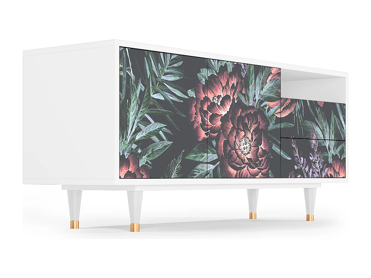 Meuble TV - 125х56х41 cm - T7 - Dark Peonies, Blanc