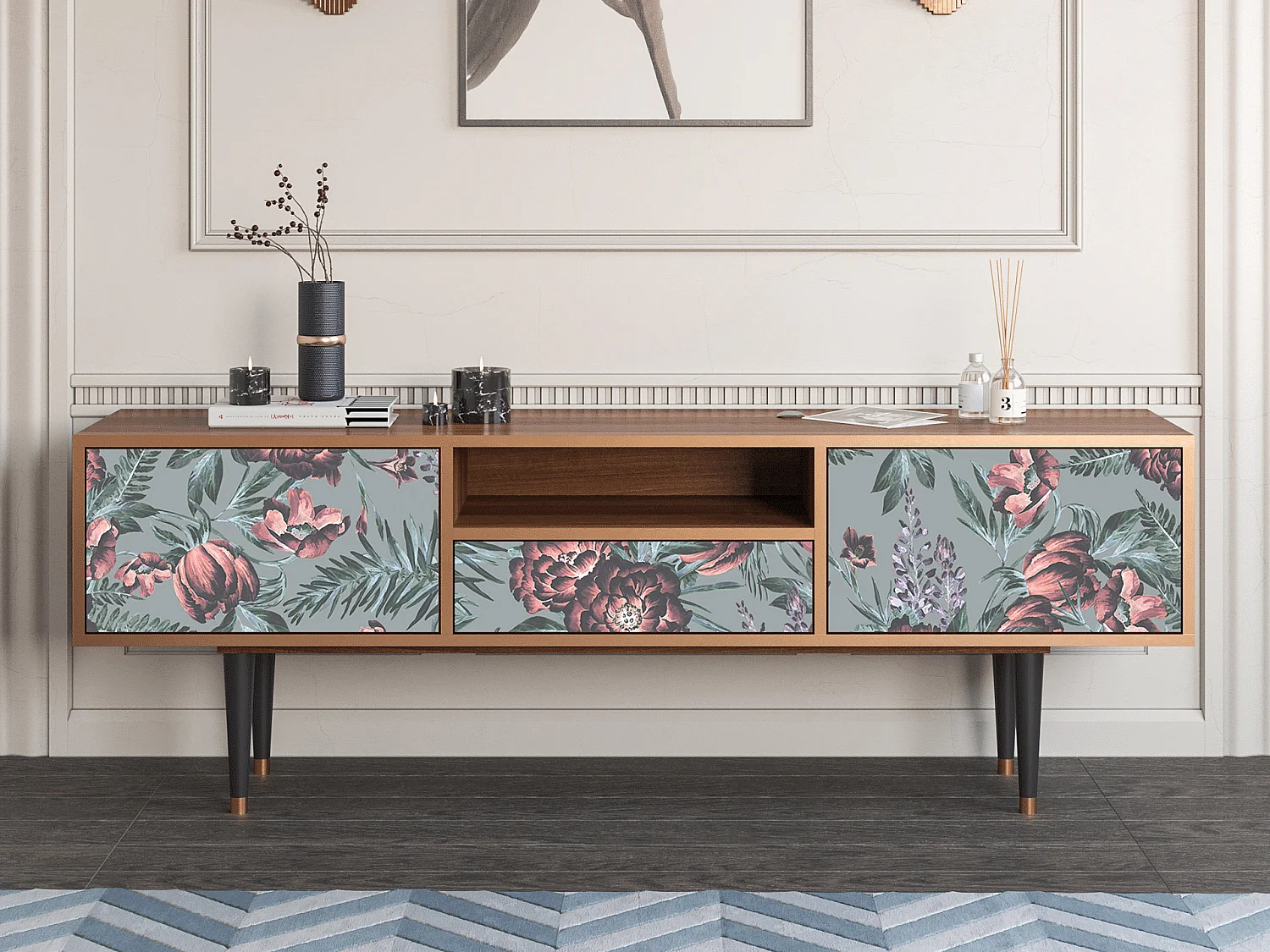 TV-Möbel - 170х59х41 cm - T6 - Light Peonies, Walnuss