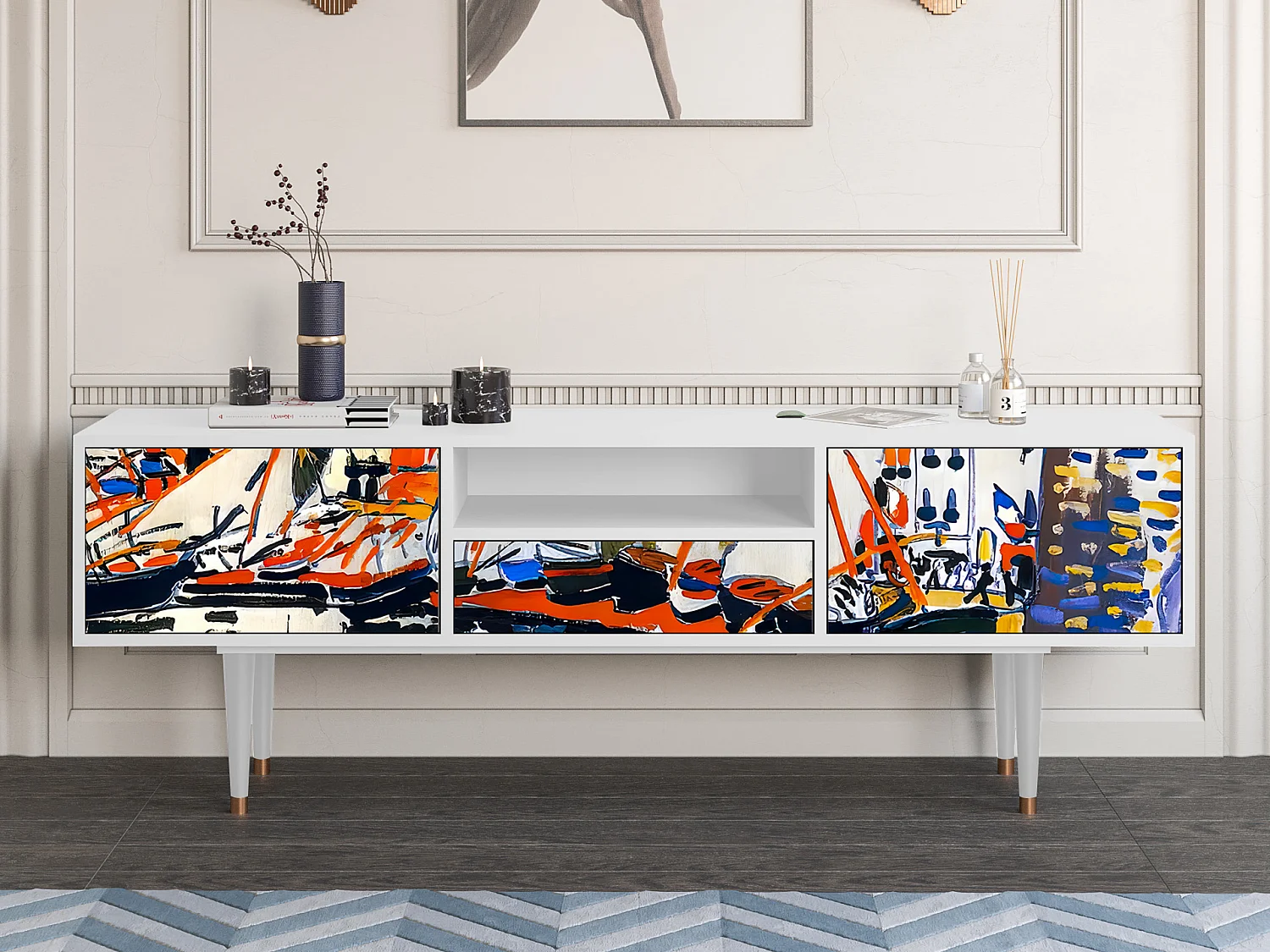 Meuble TV - 170х59х41 cm - T6 - Le Séchage des voiles , Blanc