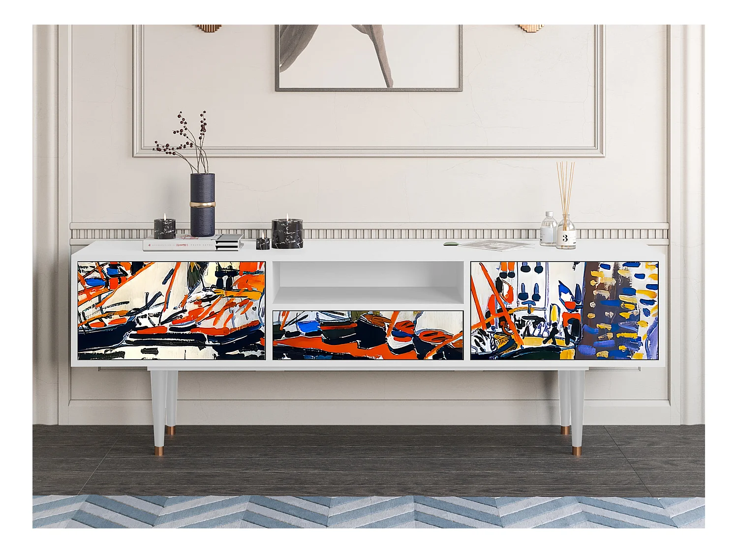 Meuble TV - 170х59х41 cm - T6 - Le Séchage des voiles , Blanc