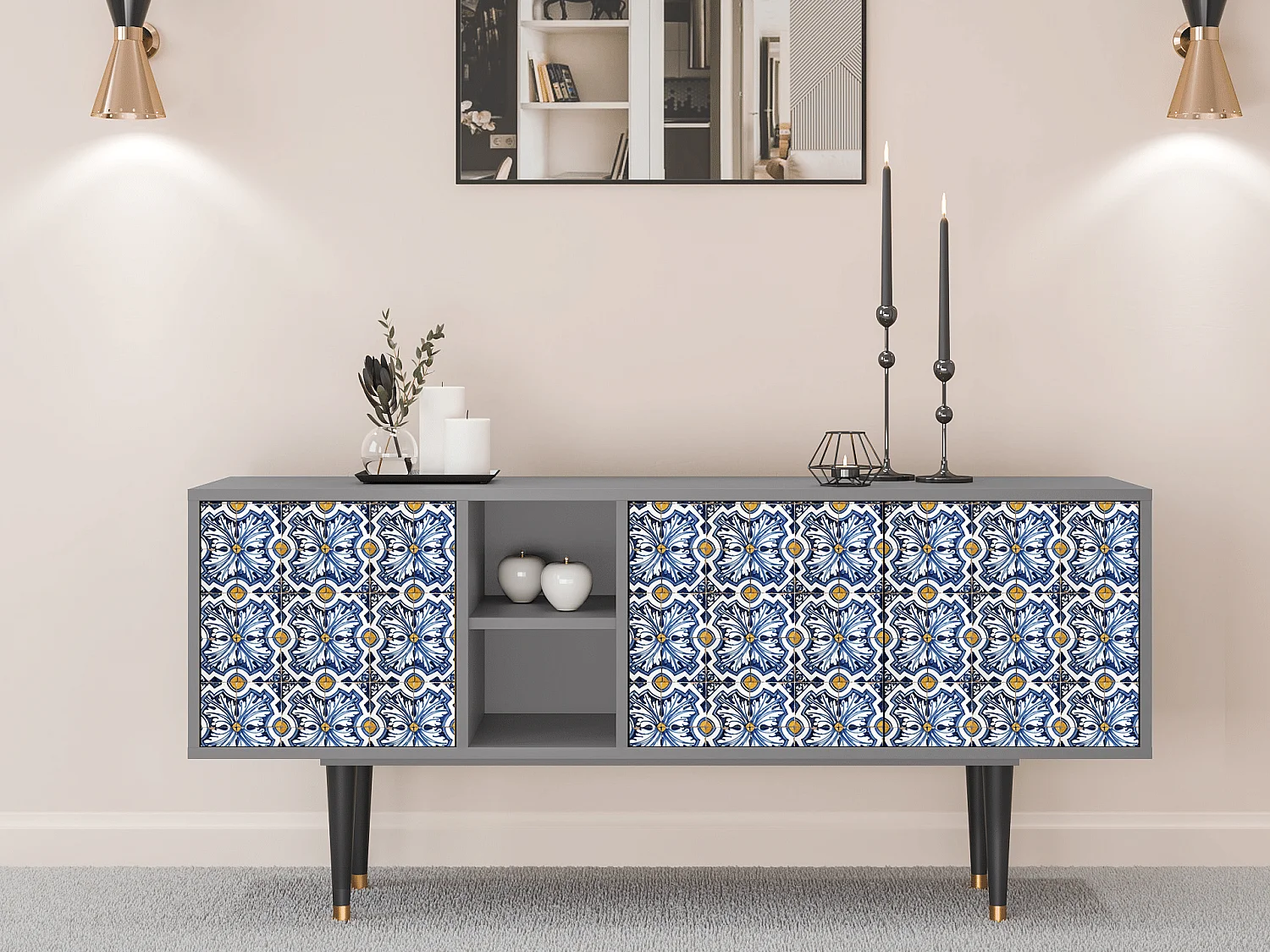 Mueble de TV - 150х69х41 cm - T5 - Lovely Cornflowers, Cinza