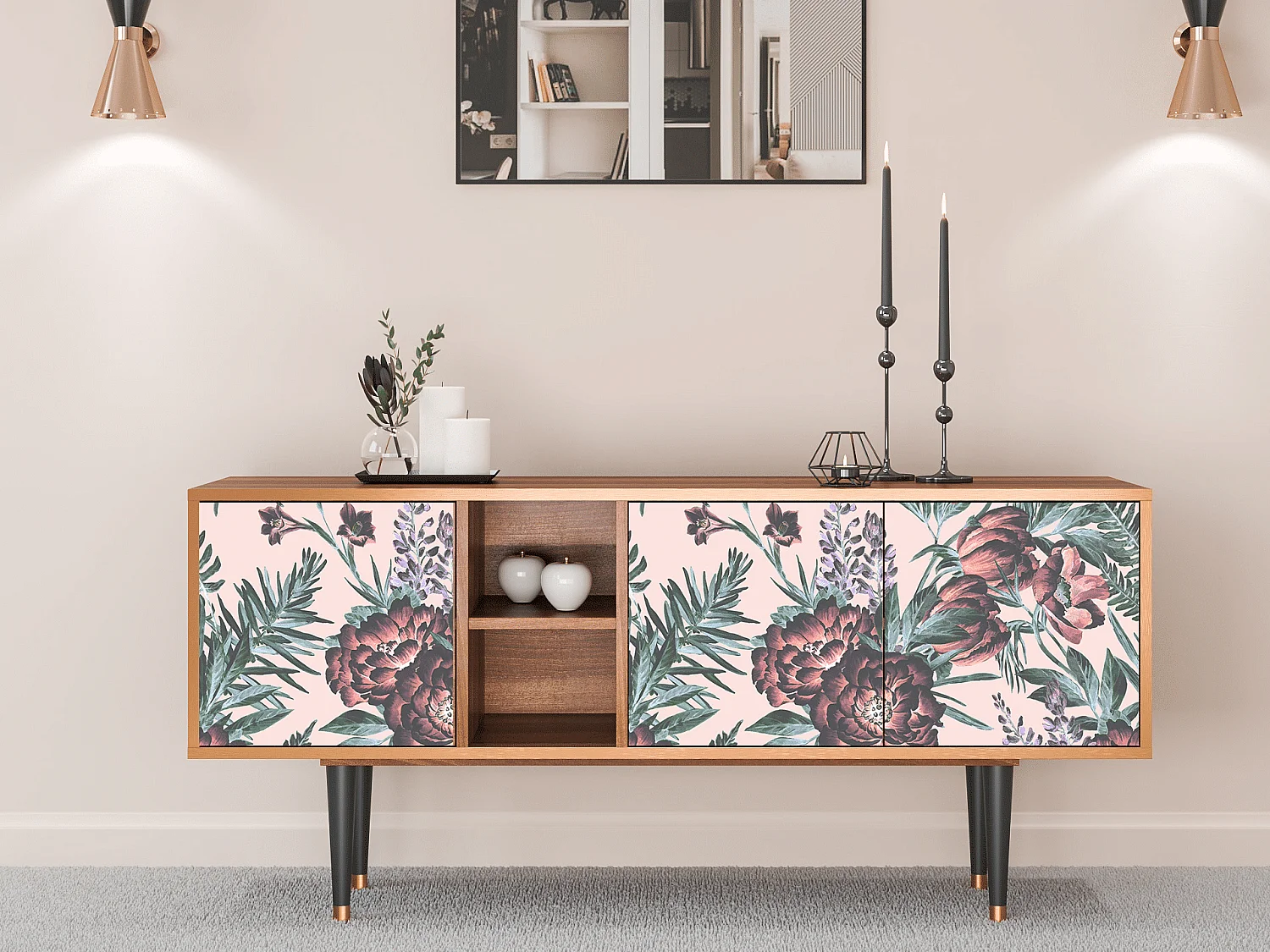 Meuble TV - 150х69х41 cm - T5 - Peach Peonies, Noyer